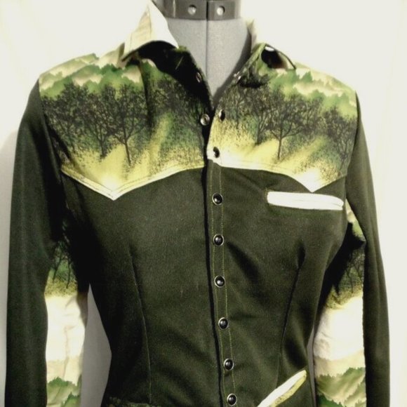 Western Snap up Shirt Jacket XS Olive green Trees moss woods design Overcoat - Picture 3 of 8
